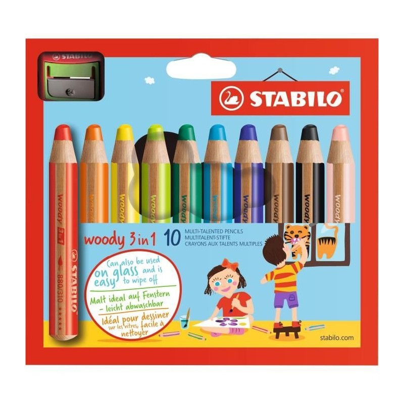 Boite crayon aquarelle SWAN STABILO Woody - 10 Crayons woody + taille crayon  sécurité enfant 880/10