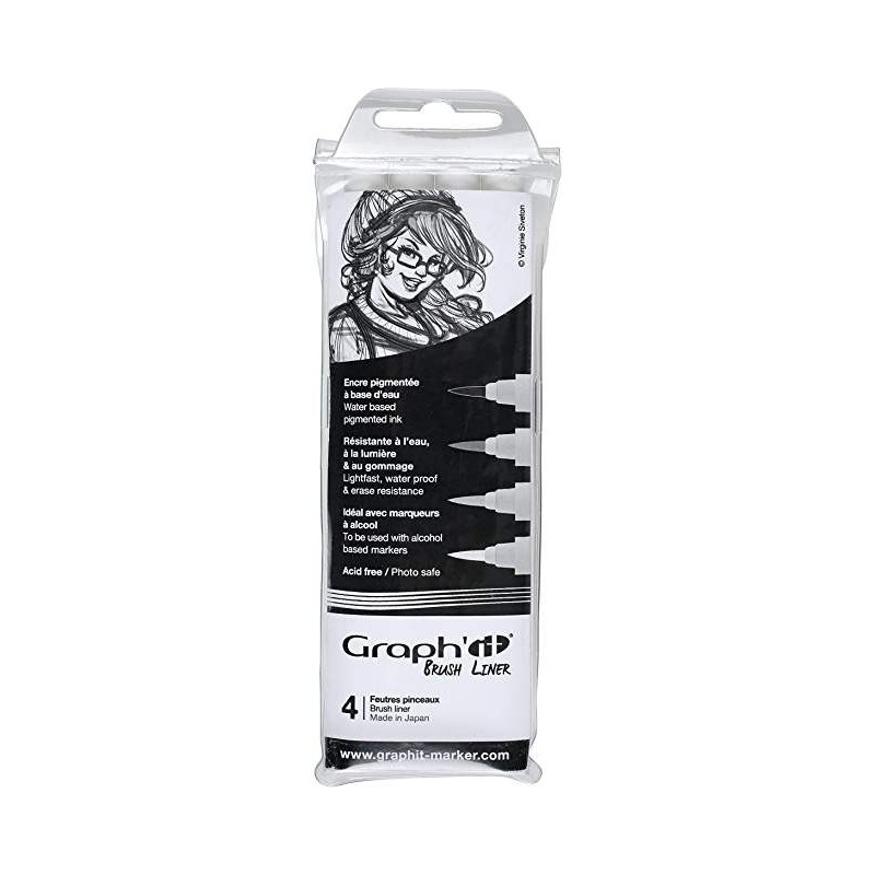 Pochette feutre marqueurs GRAPH IT Alcool (Encre pigmentée) - 4 Brush fine Liner (3 gris + 1 Noir) 