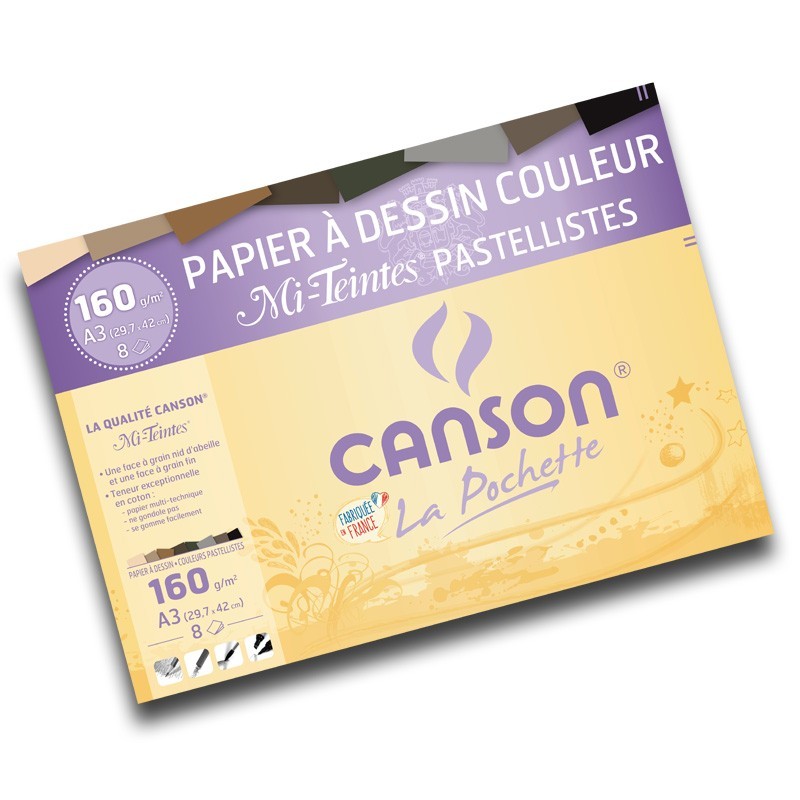 Pochette dessin couleur CANSON  Mi-teintes - 160gr (8f) - F: 29.4 x 42 cm (A3) - Teinte pastel 